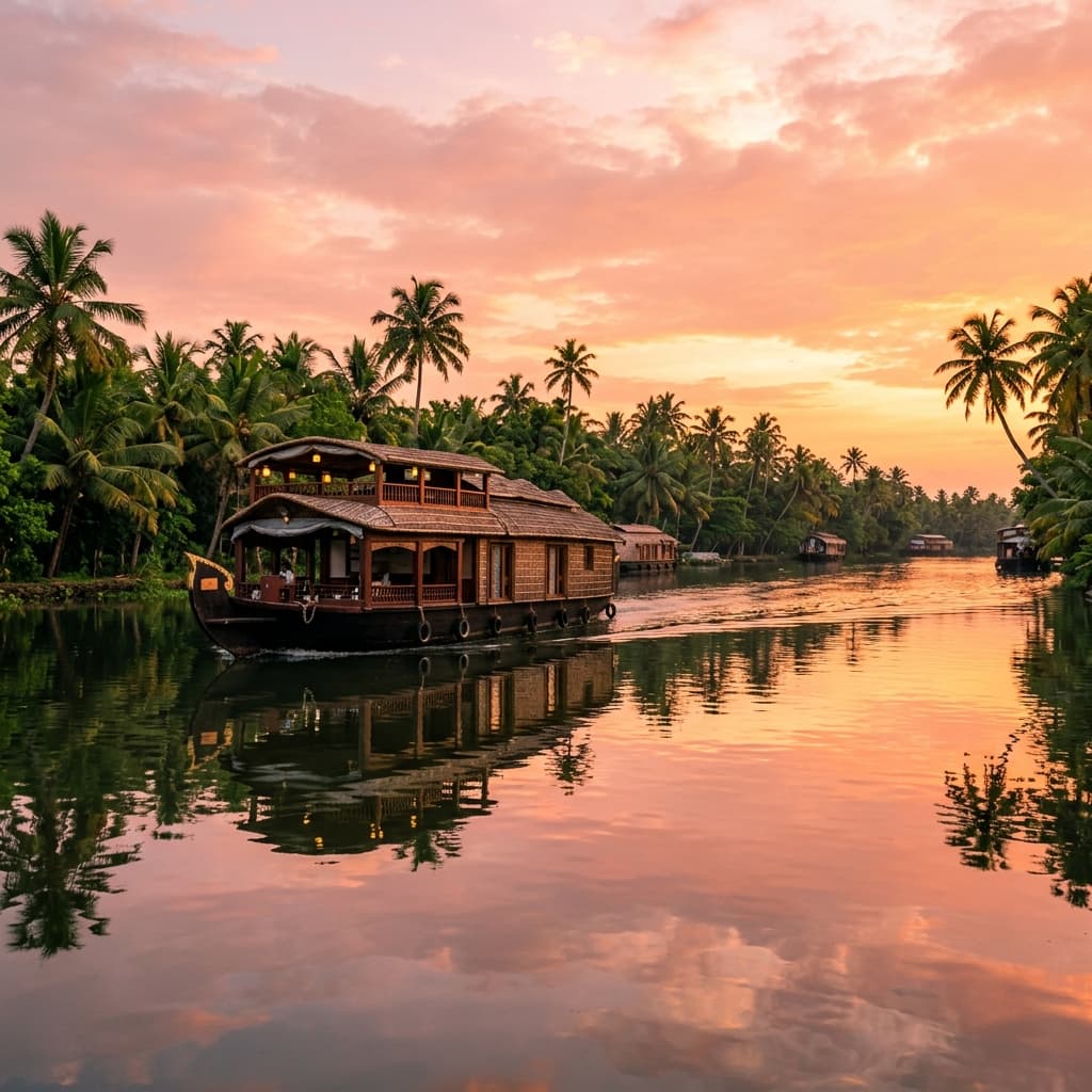 Alleppey backwaters at golden hour near Regal Mansion homestay